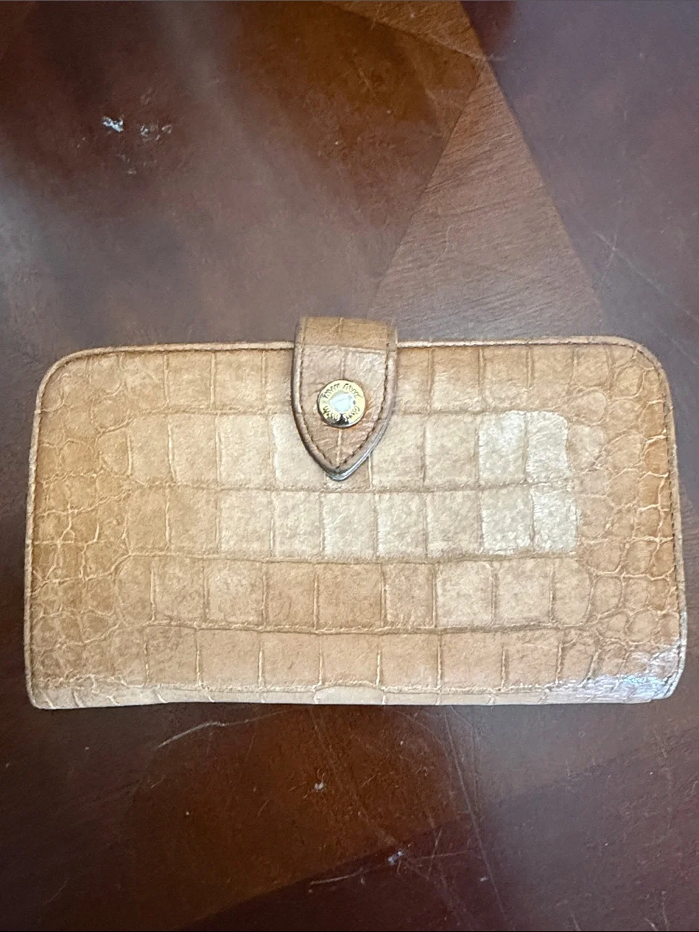 Miu Miu Tan Croc-Embossed Kiss Lock Women's Wallet - Classic Snap Closure